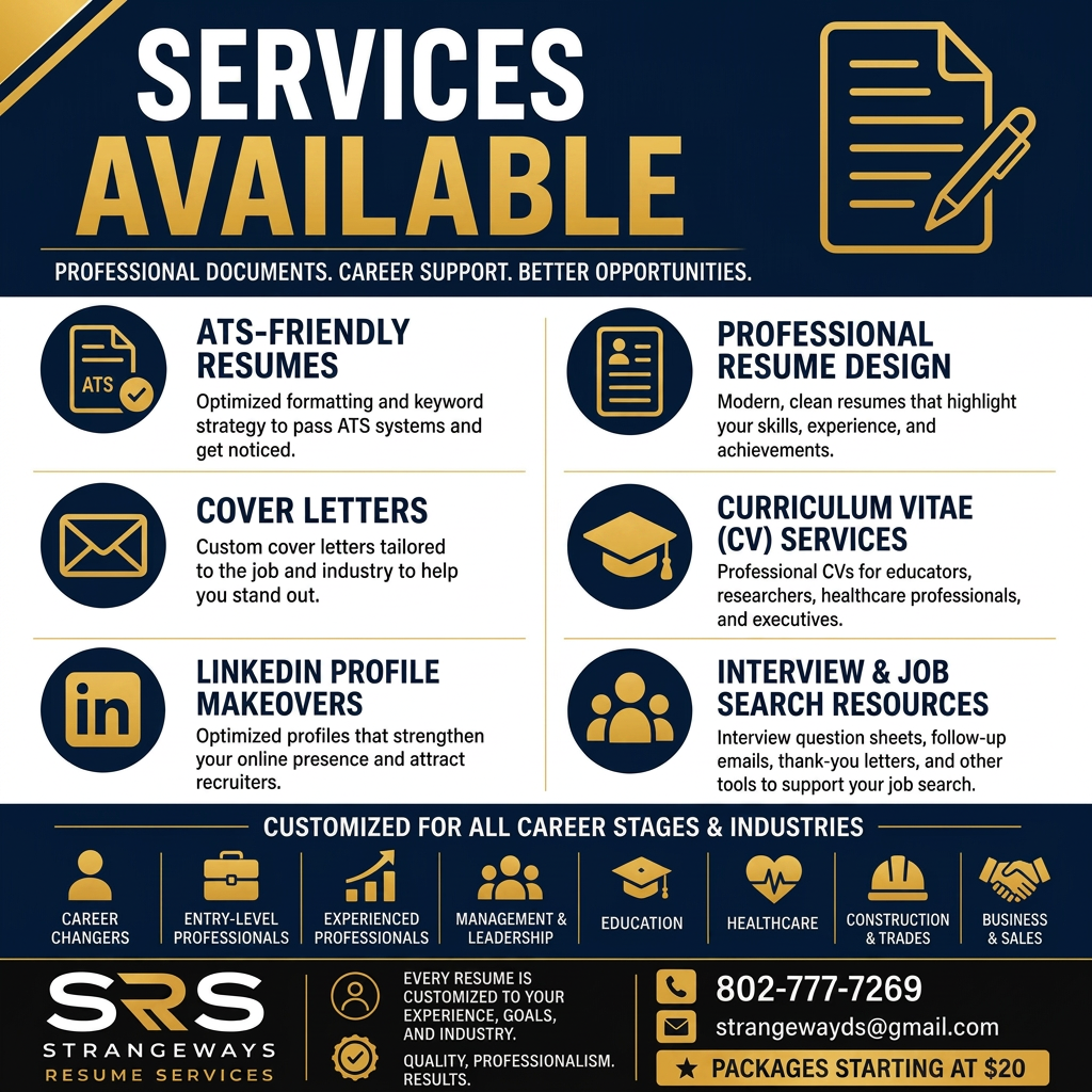 Resume services available — ATS-friendly resumes, professional resume design, cover letters, curriculum vitae (CV) services, LinkedIn profile makeovers, and interview and job search resources for all career stages and industries.