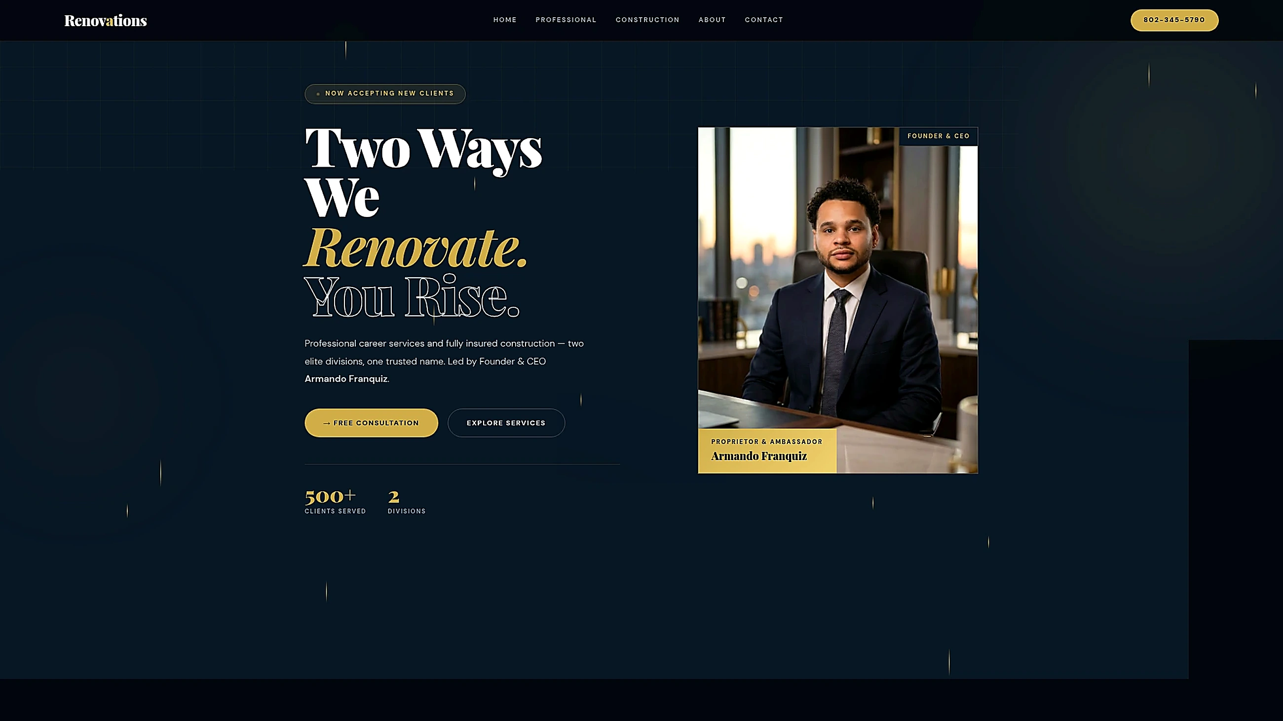 Screenshot of the AJFAR Renovations website home page with a navy and gold theme, an editorial 'Two Ways We Renovate. You Rise.' hero headline, a founder portrait card, and free-consultation call-to-action buttons.