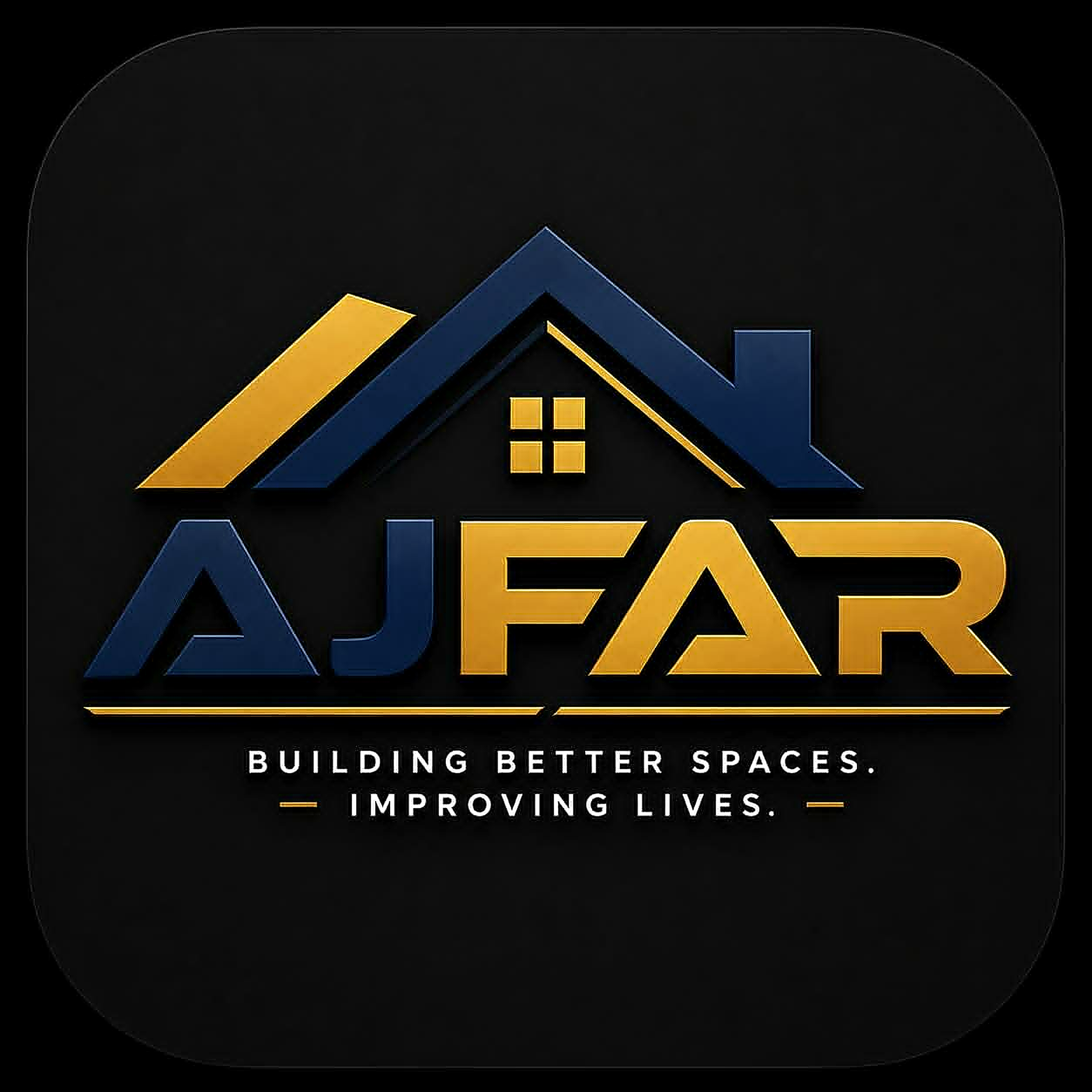 AJFAR Renovations logo and site favicon — a navy and gold house-roof emblem above the 'AJFAR' wordmark with the tagline 'Building Better Spaces. Improving Lives.' on a black background.