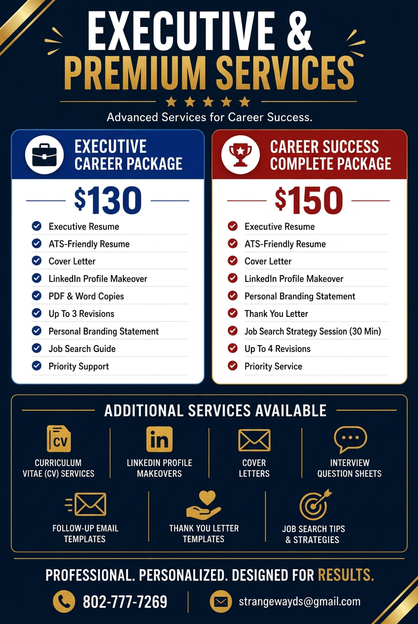 Executive and premium resume services: Executive Career Package $130 and Career Success Complete Package $150, plus additional services including CV writing, LinkedIn makeovers, and interview preparation.