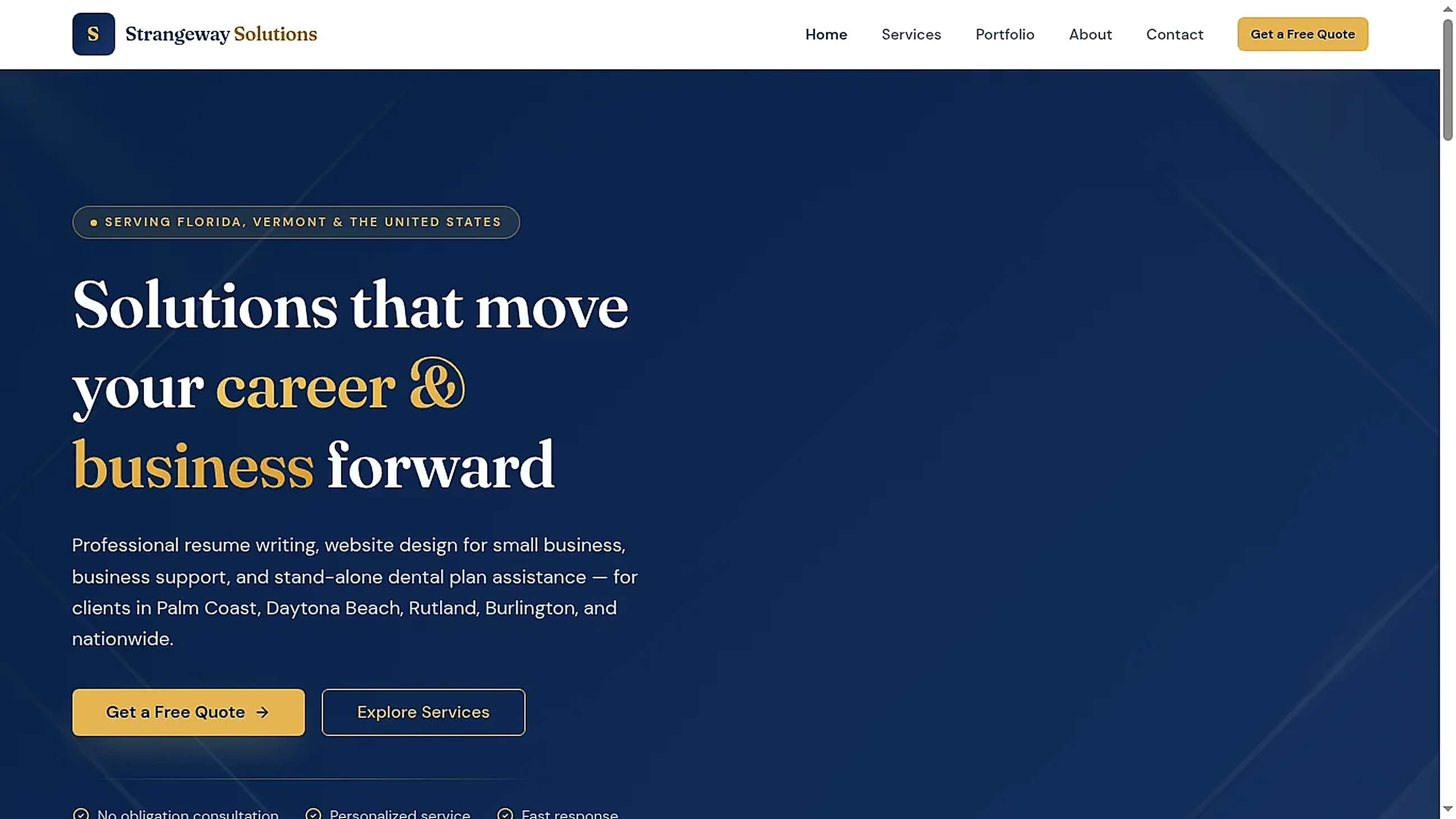 Screenshot of the Strangeway Solutions website hero section with a navy and gold theme, the headline 'Solutions that move your career & business forward', a service description, and 'Get a Free Quote' and 'Explore Services' buttons.