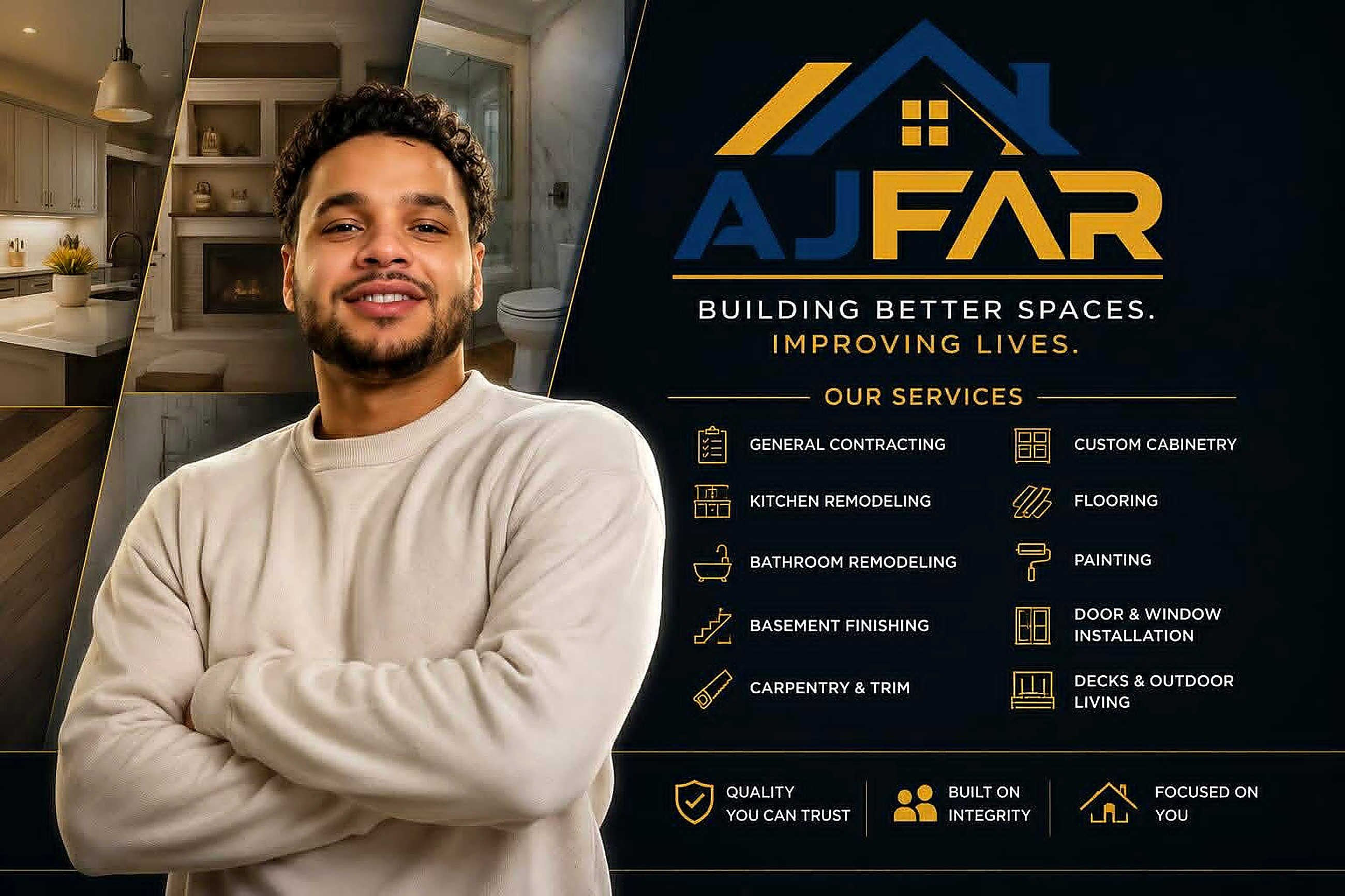AJFAR Renovations cover photo shown when the site is shared online — a smiling contractor with arms crossed beside the AJFAR logo and a list of services including general contracting, kitchen and bathroom remodeling, flooring, and painting.