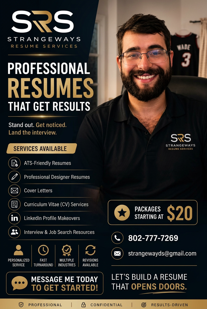 Strangeways Resume Services — professional resumes that get results. ATS-friendly resumes, professional designer resumes, cover letters, CV services, and LinkedIn profile makeovers. Packages starting at $20.